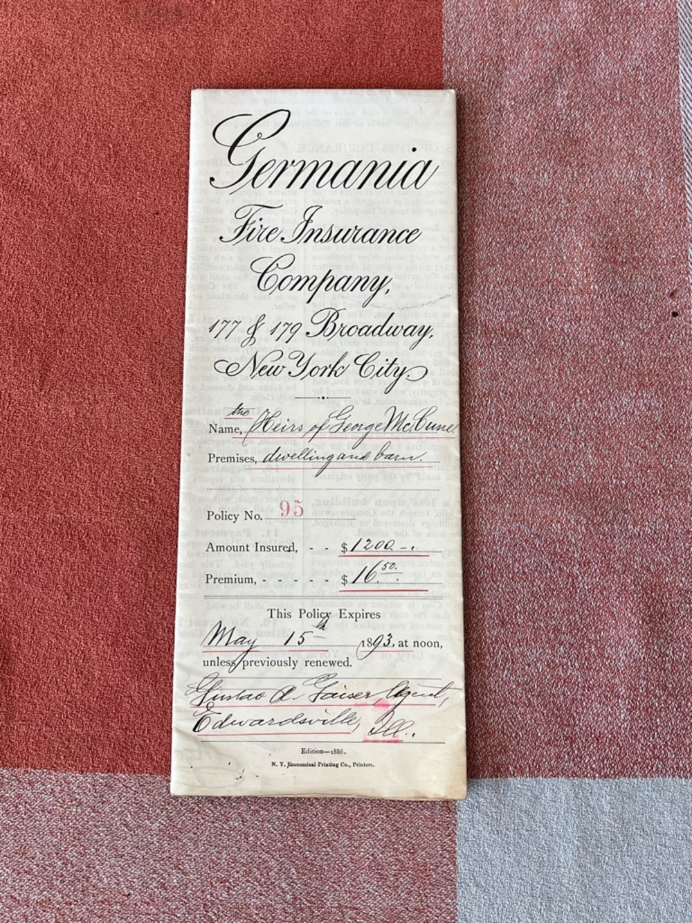 Original 1892 Germania Fire Insurance Policy